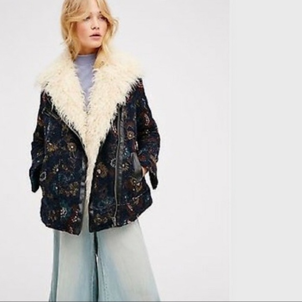 FREE PEOPLE Jacquard Wool Coat Floral Blue